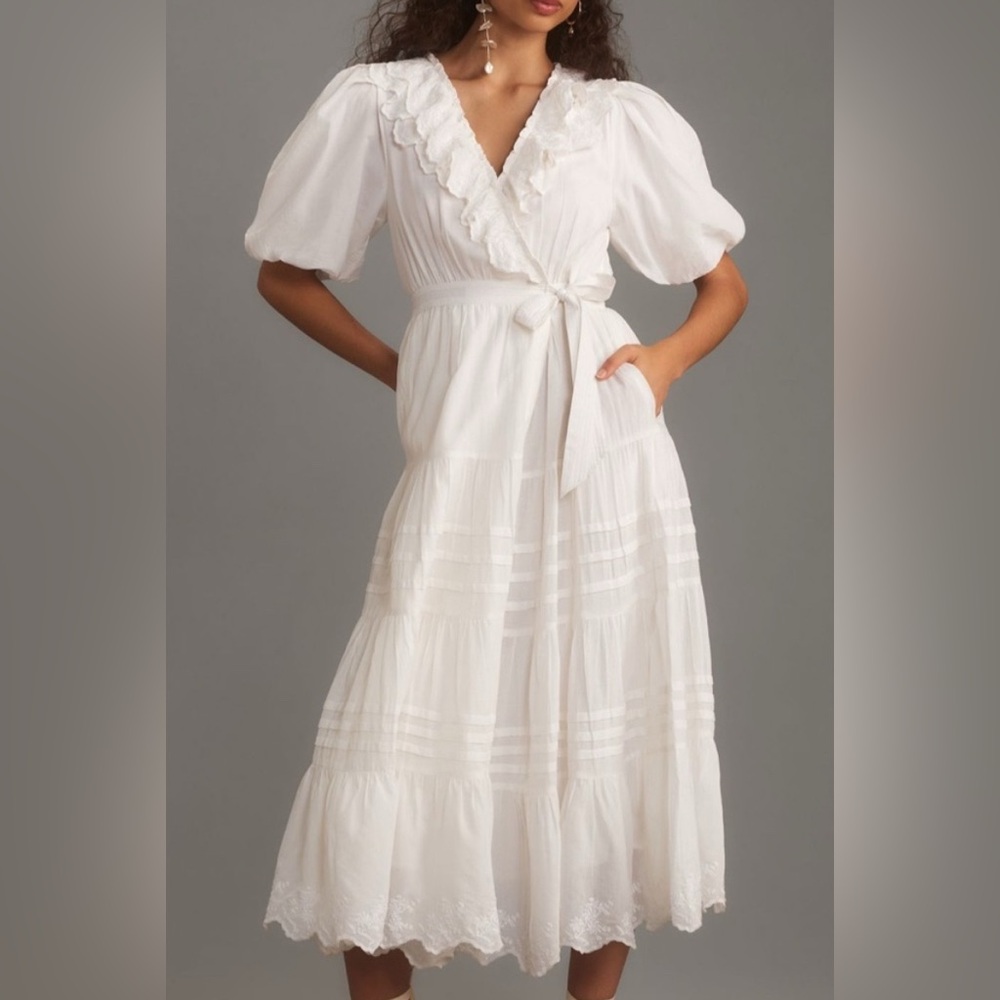 NWT - Anthropologie Love The Label Ruffled Wrap Maxi Dress / White / Size L